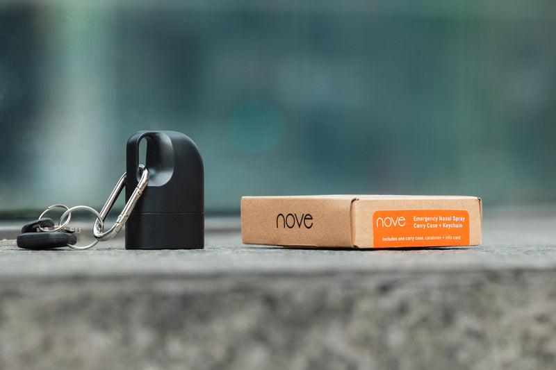 Nove emergency nasal spray kit being displayed with the product box and keychain carrying case #color_black