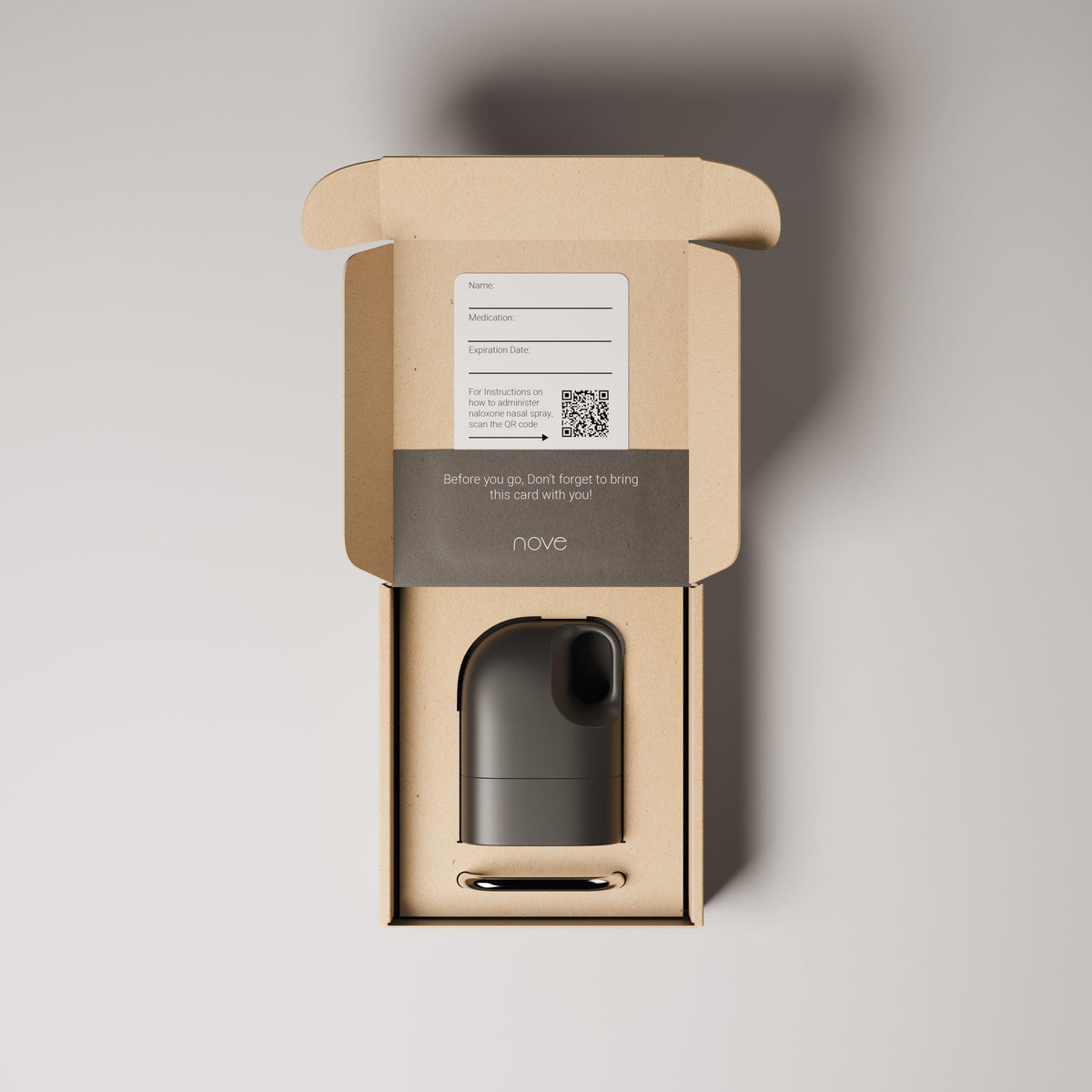Open Nove product box showing the carry case and an info card with QR instructions